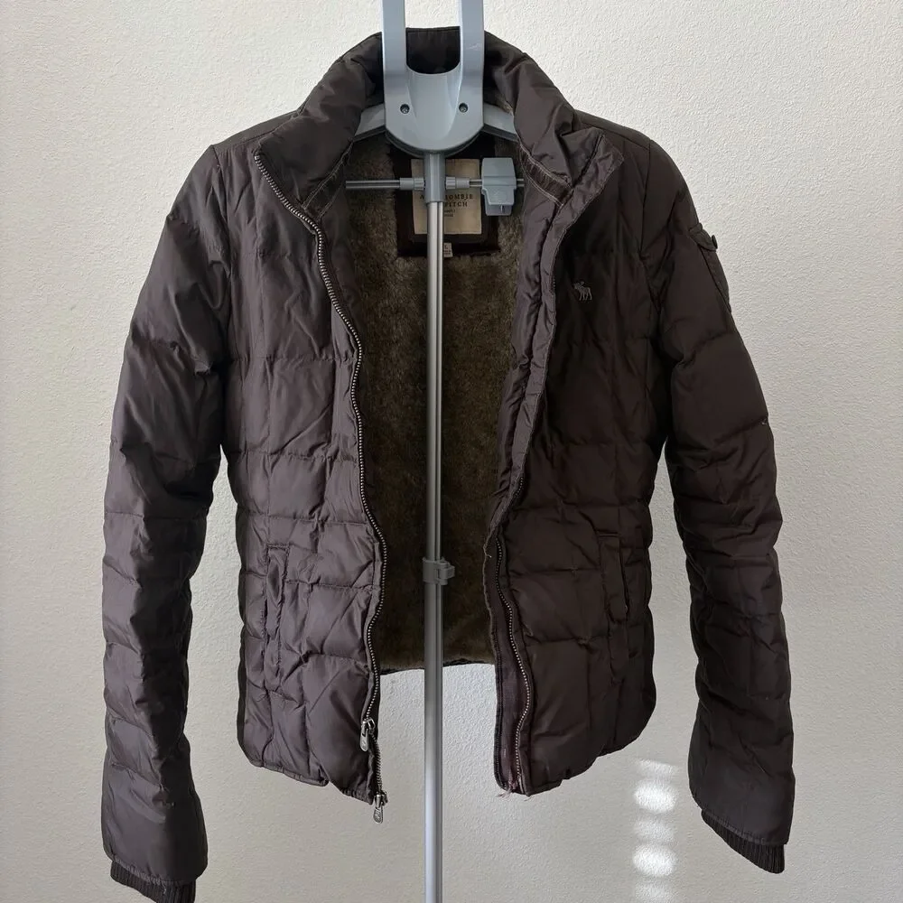 Abercrombie & Fitch Fur Down‎ Puffer Jacket Large Woman’s Brown Faux Lining Y2K